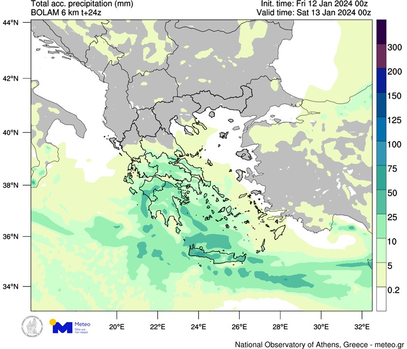 Εκτιμώμενο αθροιστικό ύψος βροχής σε χιλιοστά για την Παρασκευή 12/01 (24 ώρες συνολικά), όπως υπολογίζεται από το αριθμητικό μοντέλο πρόγνωσης καιρού του meteo.gr / Εθνικού Αστεροσκοπείου Αθηνών.