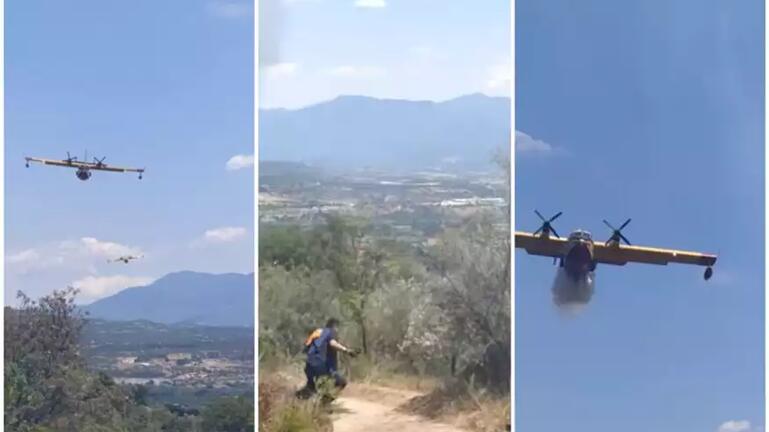 Καναντέρ στις Σέρρες αδειάζει νερό πάνω σε πυροσβέστες που τρέχουν να ξεφύγουν