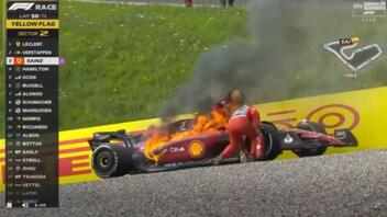 Στις φλόγες η Ferrari του Κάρλος Σάινθ, παρά τρίχα γλίτωσε ο Ισπανός!