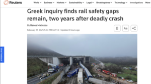 Reuters για Τέμπη: «Έρευνα δείχνει πως υπάρχουν ακόμη κενά ασφαλείας στα τρένα 2 χρόνια μετά τη θανατηφόρα σύγκρουση»
