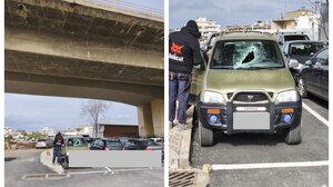 Ηράκλειο: Κομμάτι τσιμέντου έπεσε από γέφυρα και “προσγειώθηκε” σε παρμπρίζ αυτοκινήτου!