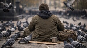 Θλιβερή εικόνα στο κέντρο του Ηρακλείου: Άστεγος και περιστέρια τρώνε ένα κομμάτι ψωμί...