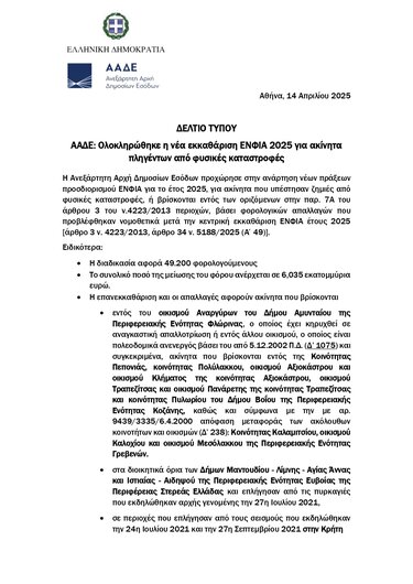 ΑΑΔΕ ΕΝΦΙΑ σεισμόπληκτοι