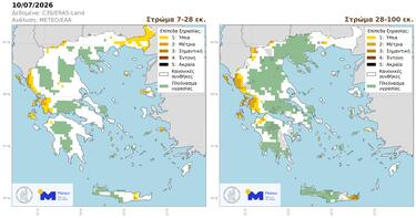 Στο βαθύτερο στρώμα, είχαμε μείωση της υγρασίας στη Θεσσαλία, με μεγάλο μέρος της πλέον να χαρακτηρίζεται από κανονικές συνθήκες αντί του πλεονάσματος υγρασίας που είχαμε τον προηγούμενο μήνα. 