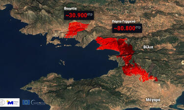 Στα 111.000 στρέμματα η καμένη έκταση από τις πυρκαγιές σε Βοιωτία και Αττική - Δορυφορική εικόνα