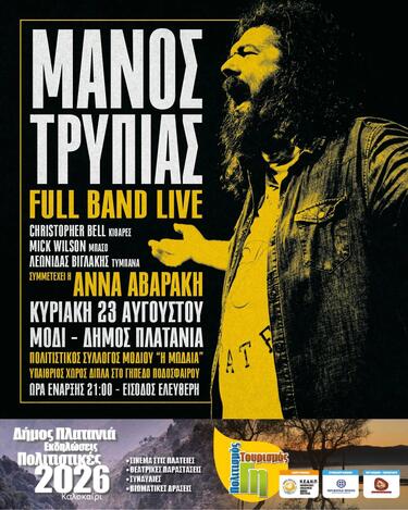 Ο Μάνος Τρύπιας παρουσιάζει ένα Full Band Live, σε μια μουσική βραδιά με τη συμμετοχή των Christopher Bell στην κιθάρα, Mick Wilson