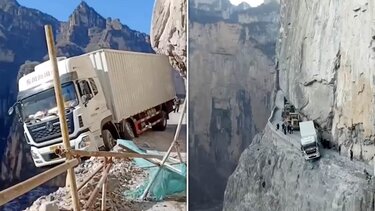 Φορτηγό κρέμεται στην άκρη του γκρεμού και κόβει την ανάσα