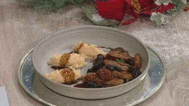 Ψαρονέφρι με αποξηραμένα φρούτα, σάλτσα ροδιού και πουρέ κυδώνι